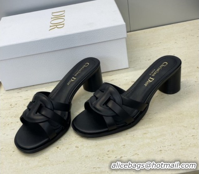 Charming Dior D-Club Heeled Slides Sandal 6cm in Calfskin Leather Black DR121701 1217017