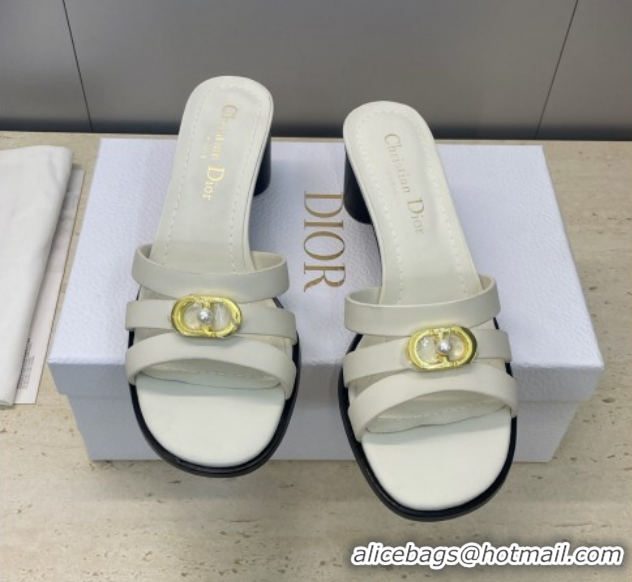 Grade Dior 30M Heeled Slides Sandal 5cm in Calfskin Leather with CD Pearl White 1217018