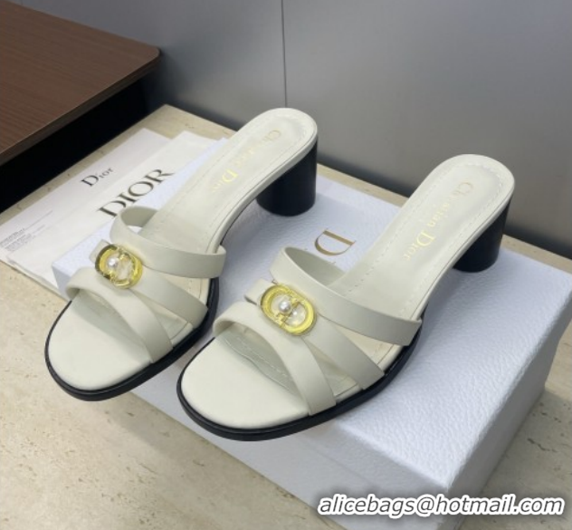 Grade Dior 30M Heeled Slides Sandal 5cm in Calfskin Leather with CD Pearl White 1217018
