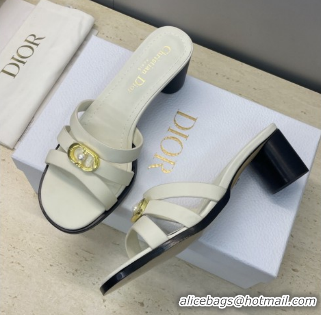 Grade Dior 30M Heeled Slides Sandal 5cm in Calfskin Leather with CD Pearl White 1217018