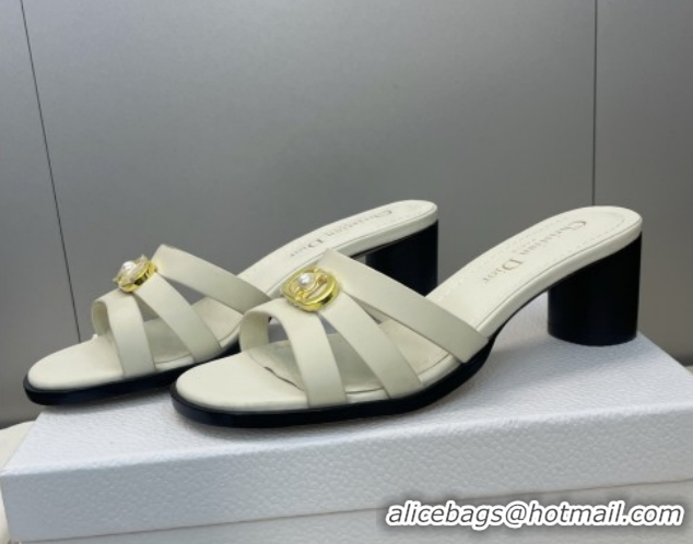 Grade Dior 30M Heeled Slides Sandal 5cm in Calfskin Leather with CD Pearl White 1217018