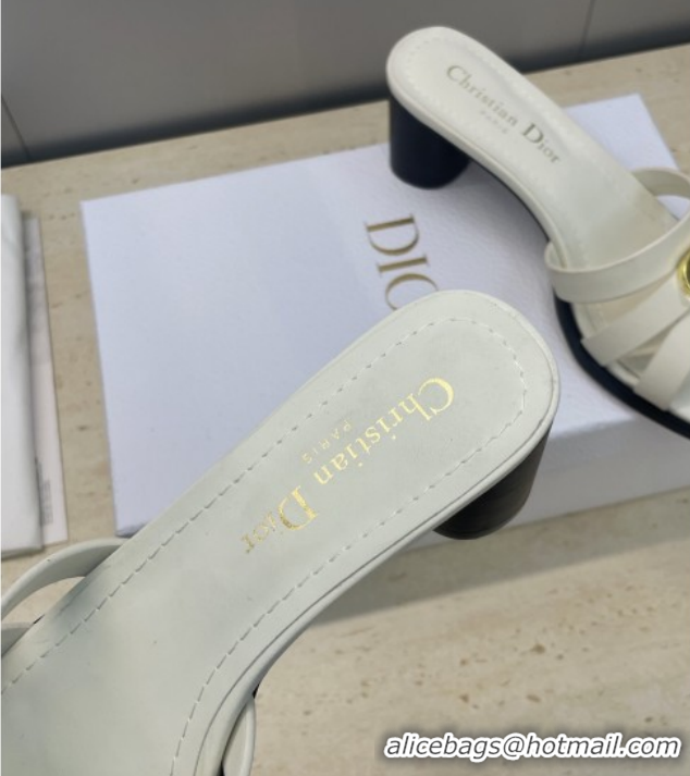 Grade Dior 30M Heeled Slides Sandal 5cm in Calfskin Leather with CD Pearl White 1217018