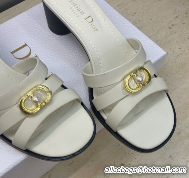 Grade Dior 30M Heeled Slides Sandal 5cm in Calfskin Leather with CD Pearl White 1217018