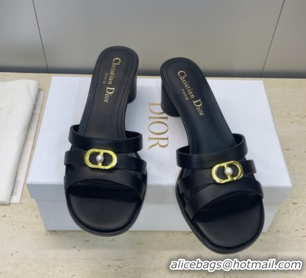 Stylish Dior 30M Heeled Slides Sandal 5cm in Calfskin Leather with CD Pearl Black 1217019