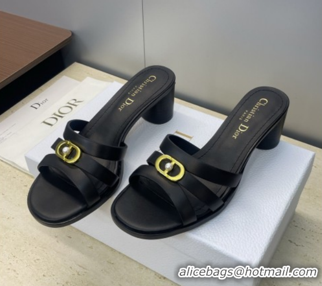 Stylish Dior 30M Heeled Slides Sandal 5cm in Calfskin Leather with CD Pearl Black 1217019