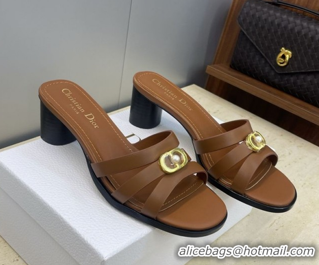Stylish Dior 30M Heeled Slides Sandal 5cm in Calfskin Leather with CD Pearl Brown 1217020