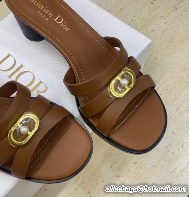 Stylish Dior 30M Heeled Slides Sandal 5cm in Calfskin Leather with CD Pearl Brown 1217020