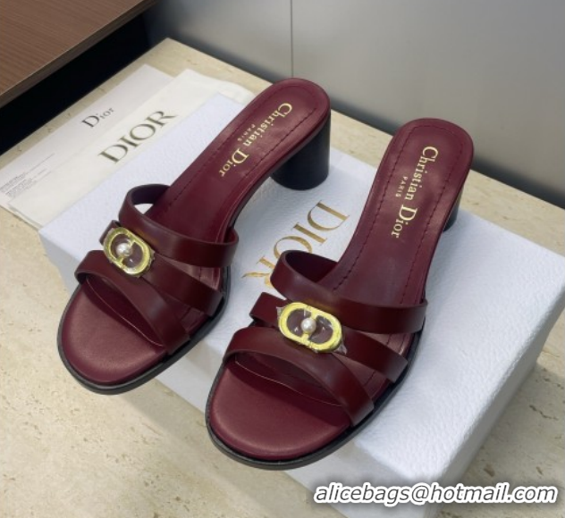 Shop Duplicate Dior 30M Heeled Slides Sandal 5cm in Calfskin Leather with CD Pearl Burgundy 1217021