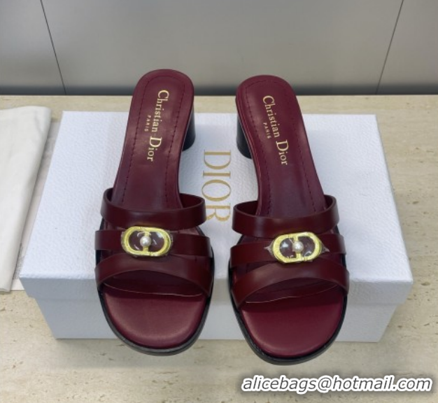 Shop Duplicate Dior 30M Heeled Slides Sandal 5cm in Calfskin Leather with CD Pearl Burgundy 1217021