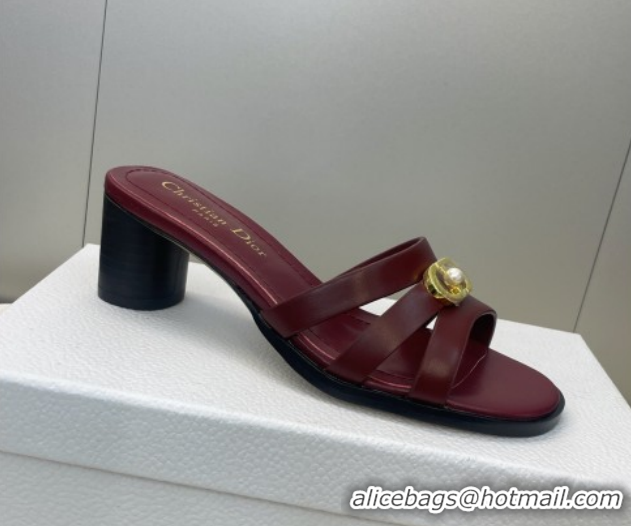 Shop Duplicate Dior 30M Heeled Slides Sandal 5cm in Calfskin Leather with CD Pearl Burgundy 1217021
