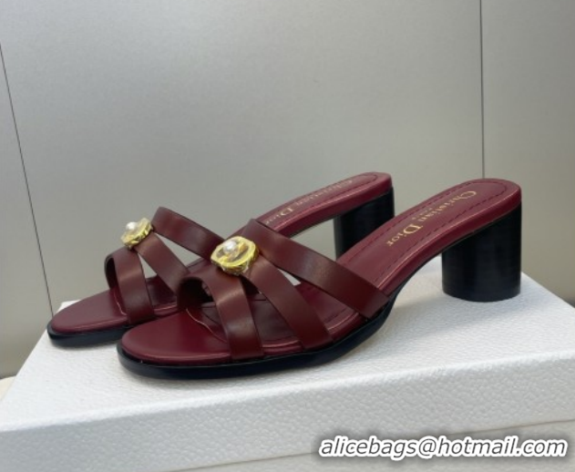Shop Duplicate Dior 30M Heeled Slides Sandal 5cm in Calfskin Leather with CD Pearl Burgundy 1217021