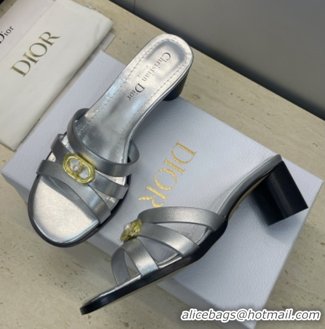 Good Quality Dior 30M Heeled Slides Sandal 5cm in Calfskin Leather with CD Pearl Silver 1217022