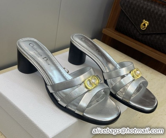 Good Quality Dior 30M Heeled Slides Sandal 5cm in Calfskin Leather with CD Pearl Silver 1217022