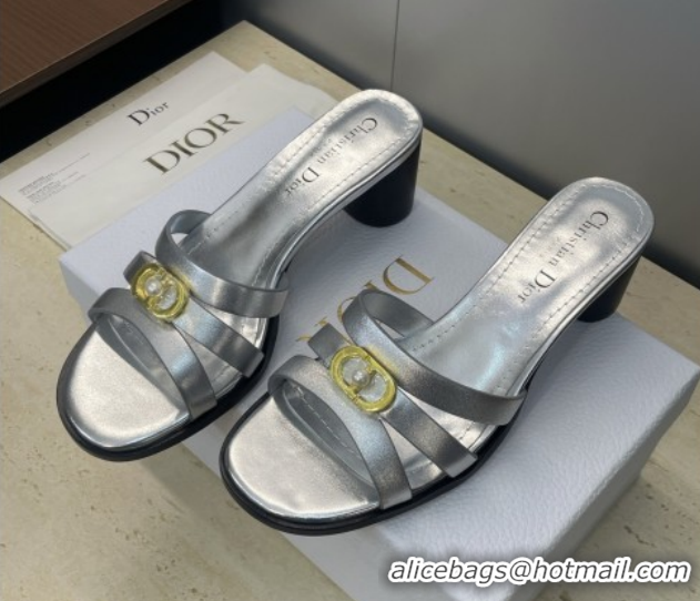 Good Quality Dior 30M Heeled Slides Sandal 5cm in Calfskin Leather with CD Pearl Silver 1217022