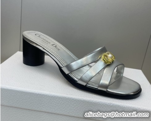 Good Quality Dior 30M Heeled Slides Sandal 5cm in Calfskin Leather with CD Pearl Silver 1217022