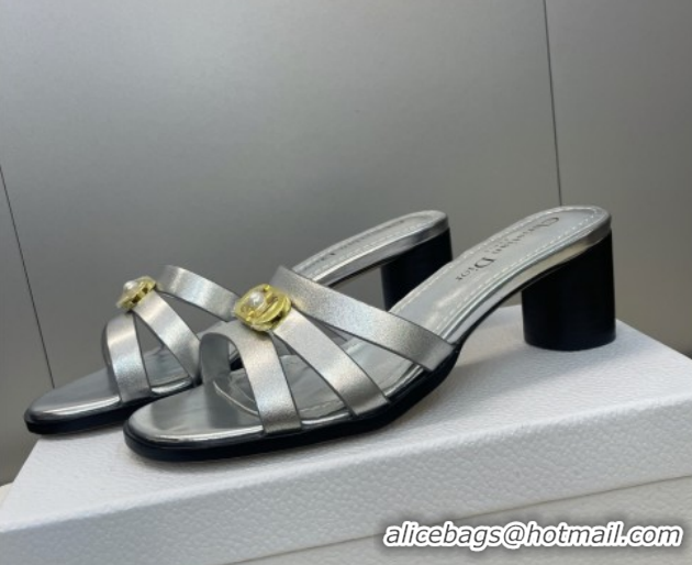 Good Quality Dior 30M Heeled Slides Sandal 5cm in Calfskin Leather with CD Pearl Silver 1217022