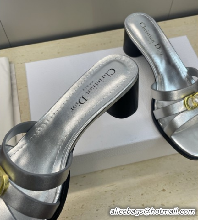 Good Quality Dior 30M Heeled Slides Sandal 5cm in Calfskin Leather with CD Pearl Silver 1217022