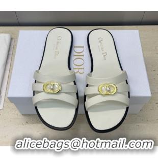Top Design Dior 30M Flat Slides Sandal in Calfskin Leather with CD Pearl White 1217025