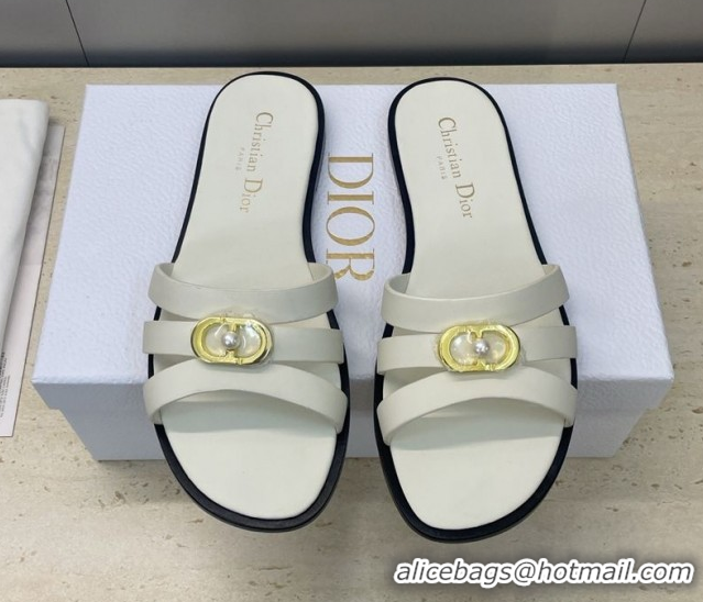 Top Design Dior 30M Flat Slides Sandal in Calfskin Leather with CD Pearl White 1217025