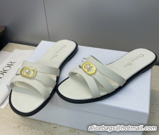 Top Design Dior 30M Flat Slides Sandal in Calfskin Leather with CD Pearl White 1217025