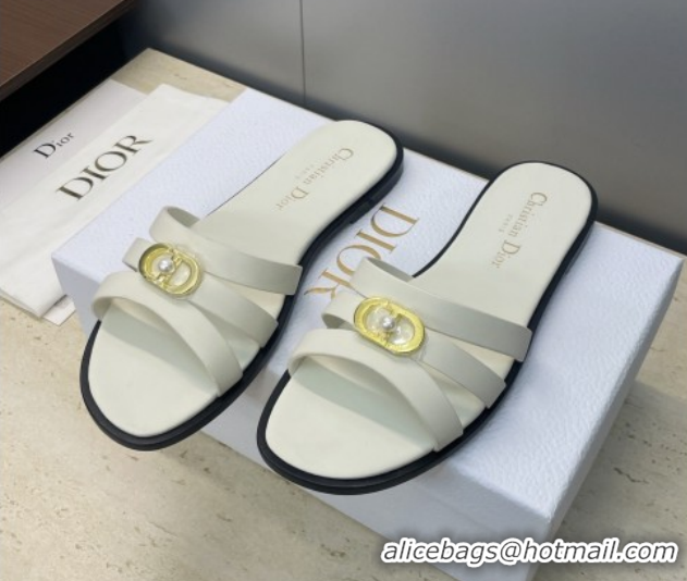 Top Design Dior 30M Flat Slides Sandal in Calfskin Leather with CD Pearl White 1217025