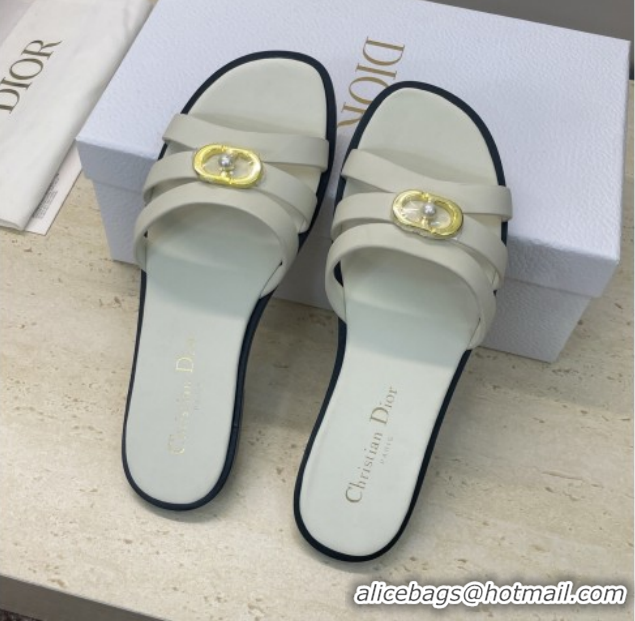 Top Design Dior 30M Flat Slides Sandal in Calfskin Leather with CD Pearl White 1217025