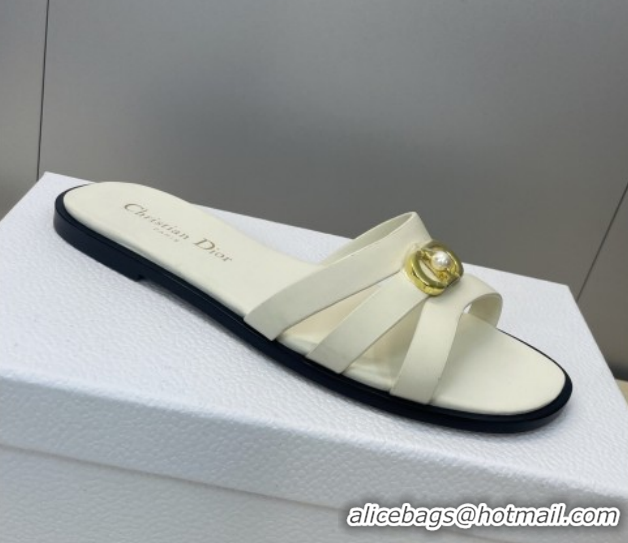 Top Design Dior 30M Flat Slides Sandal in Calfskin Leather with CD Pearl White 1217025