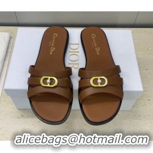 Top Grade Dior 30M Flat Slides Sandal in Calfskin Leather with CD Pearl Brown 1217026