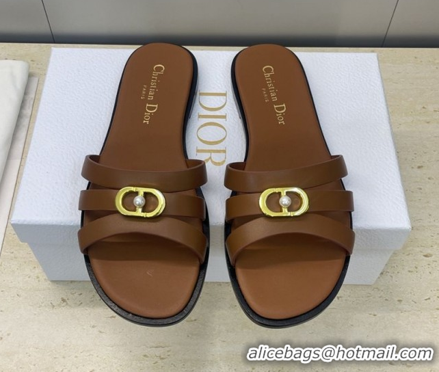 Top Grade Dior 30M Flat Slides Sandal in Calfskin Leather with CD Pearl Brown 1217026