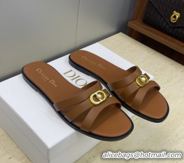 Top Grade Dior 30M Flat Slides Sandal in Calfskin Leather with CD Pearl Brown 1217026