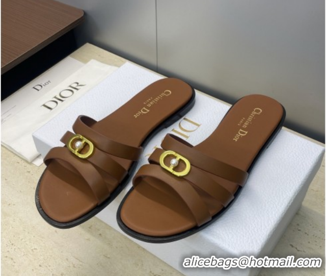 Top Grade Dior 30M Flat Slides Sandal in Calfskin Leather with CD Pearl Brown 1217026