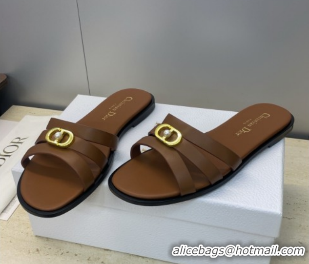 Top Grade Dior 30M Flat Slides Sandal in Calfskin Leather with CD Pearl Brown 1217026