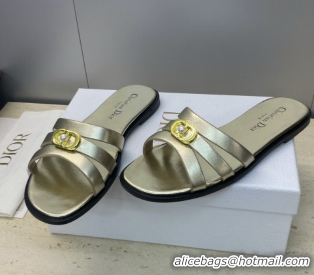 Good Looking Dior 30M Flat Slides Sandal in Calfskin Leather with CD Pearl Gold 1217027