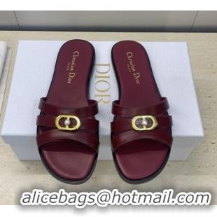Good Product Dior 30M Flat Slides Sandal in Calfskin Leather with CD Pearl Dark Burgundy 1217028