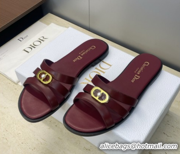 Good Product Dior 30M Flat Slides Sandal in Calfskin Leather with CD Pearl Dark Burgundy 1217028