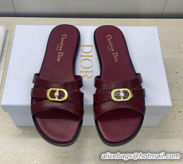 Good Product Dior 30M Flat Slides Sandal in Calfskin Leather with CD Pearl Dark Burgundy 1217028