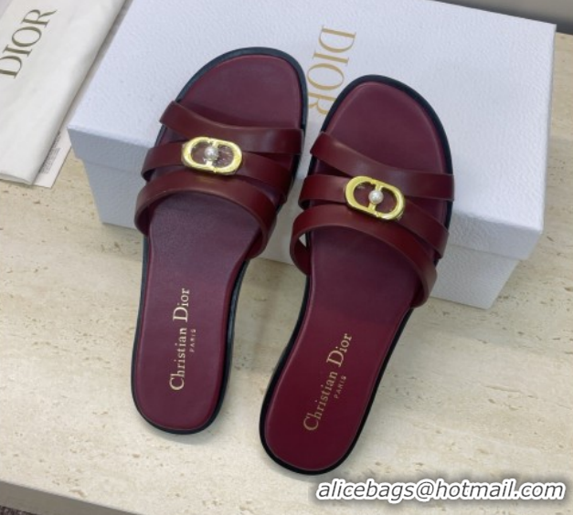 Good Product Dior 30M Flat Slides Sandal in Calfskin Leather with CD Pearl Dark Burgundy 1217028