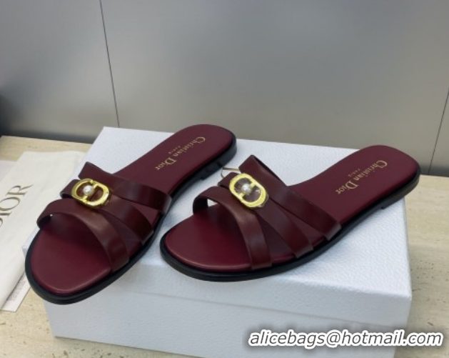 Good Product Dior 30M Flat Slides Sandal in Calfskin Leather with CD Pearl Dark Burgundy 1217028