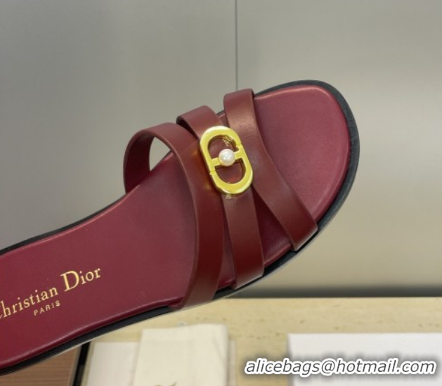 Good Product Dior 30M Flat Slides Sandal in Calfskin Leather with CD Pearl Dark Burgundy 1217028