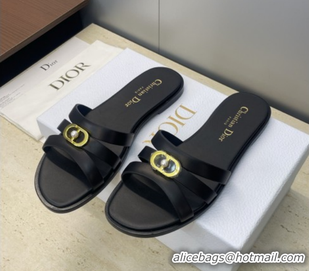 Good Quality Dior 30M Flat Slides Sandal in Calfskin Leather with CD Pearl Black 1217029
