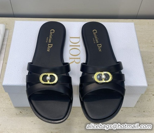 Good Quality Dior 30M Flat Slides Sandal in Calfskin Leather with CD Pearl Black 1217029