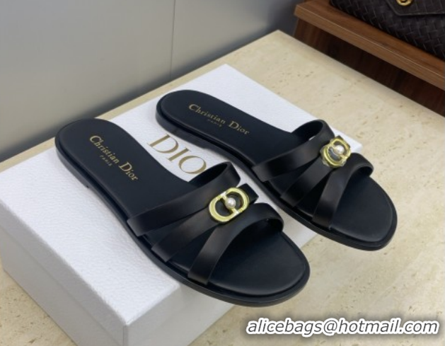 Good Quality Dior 30M Flat Slides Sandal in Calfskin Leather with CD Pearl Black 1217029