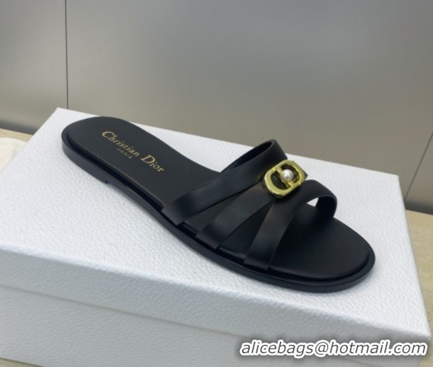 Good Quality Dior 30M Flat Slides Sandal in Calfskin Leather with CD Pearl Black 1217029
