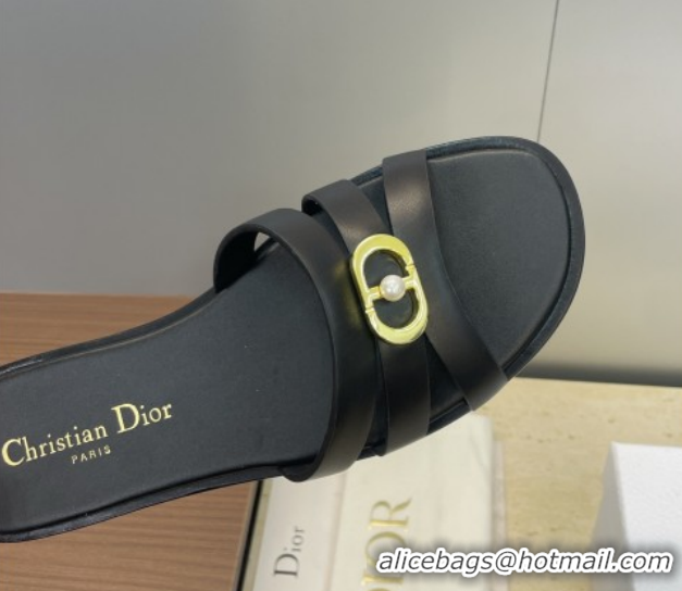 Good Quality Dior 30M Flat Slides Sandal in Calfskin Leather with CD Pearl Black 1217029