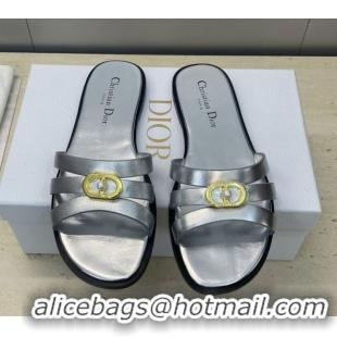Luxury Cheap Dior 30M Flat Slides Sandal in Calfskin Leather with CD Pearl Silver 1217030