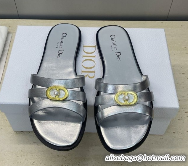 Luxury Cheap Dior 30M Flat Slides Sandal in Calfskin Leather with CD Pearl Silver 1217030