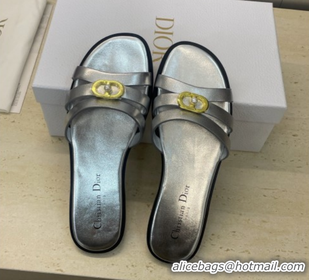 Luxury Cheap Dior 30M Flat Slides Sandal in Calfskin Leather with CD Pearl Silver 1217030