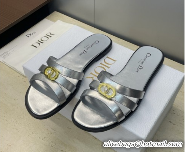 Luxury Cheap Dior 30M Flat Slides Sandal in Calfskin Leather with CD Pearl Silver 1217030