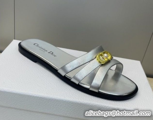 Luxury Cheap Dior 30M Flat Slides Sandal in Calfskin Leather with CD Pearl Silver 1217030