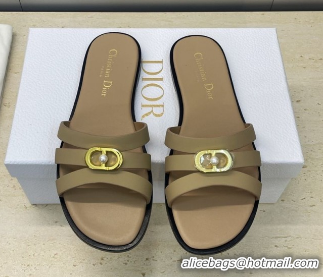 Luxury Dior 30M Flat Slides Sandal in Calfskin Leather with CD Pearl Beige 1217031